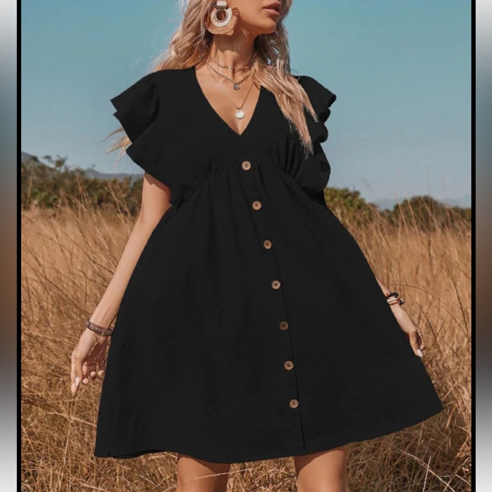 Woven V-neck button up A-line swing dress